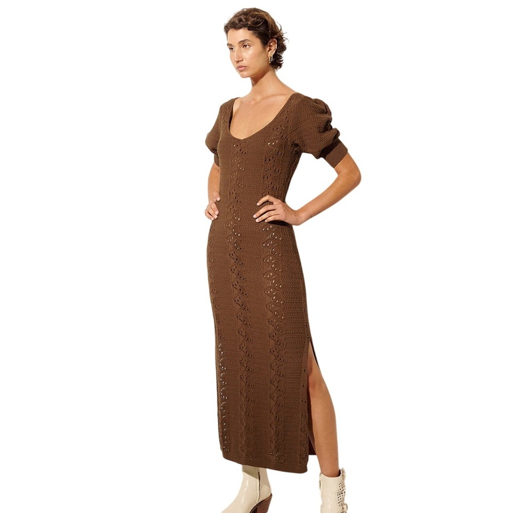 KIVARI Cocoa‎ Helena Knit Midi Dress Puff Sleeve Slit Brown Cotton New Tags